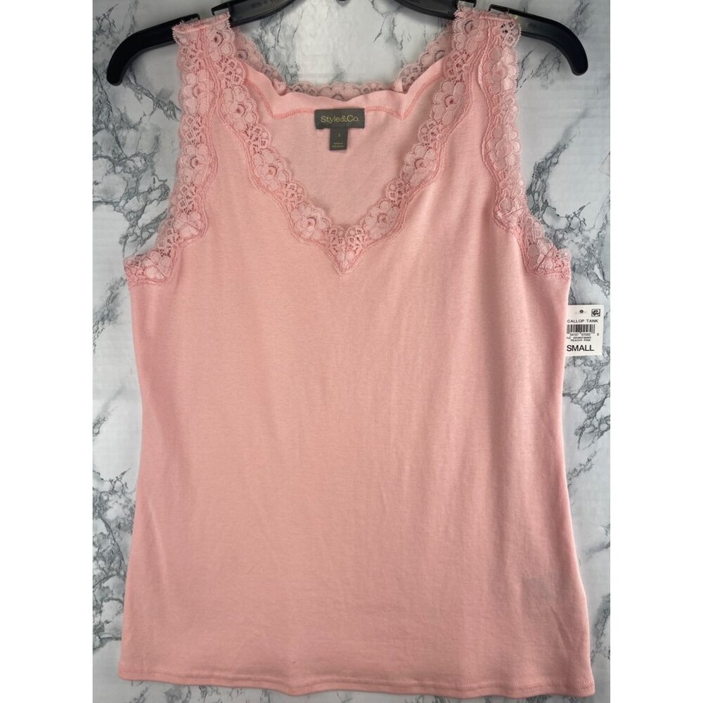 Style & Co. Womens Size Small Scallop Tank Top Peachy Pink lace trim